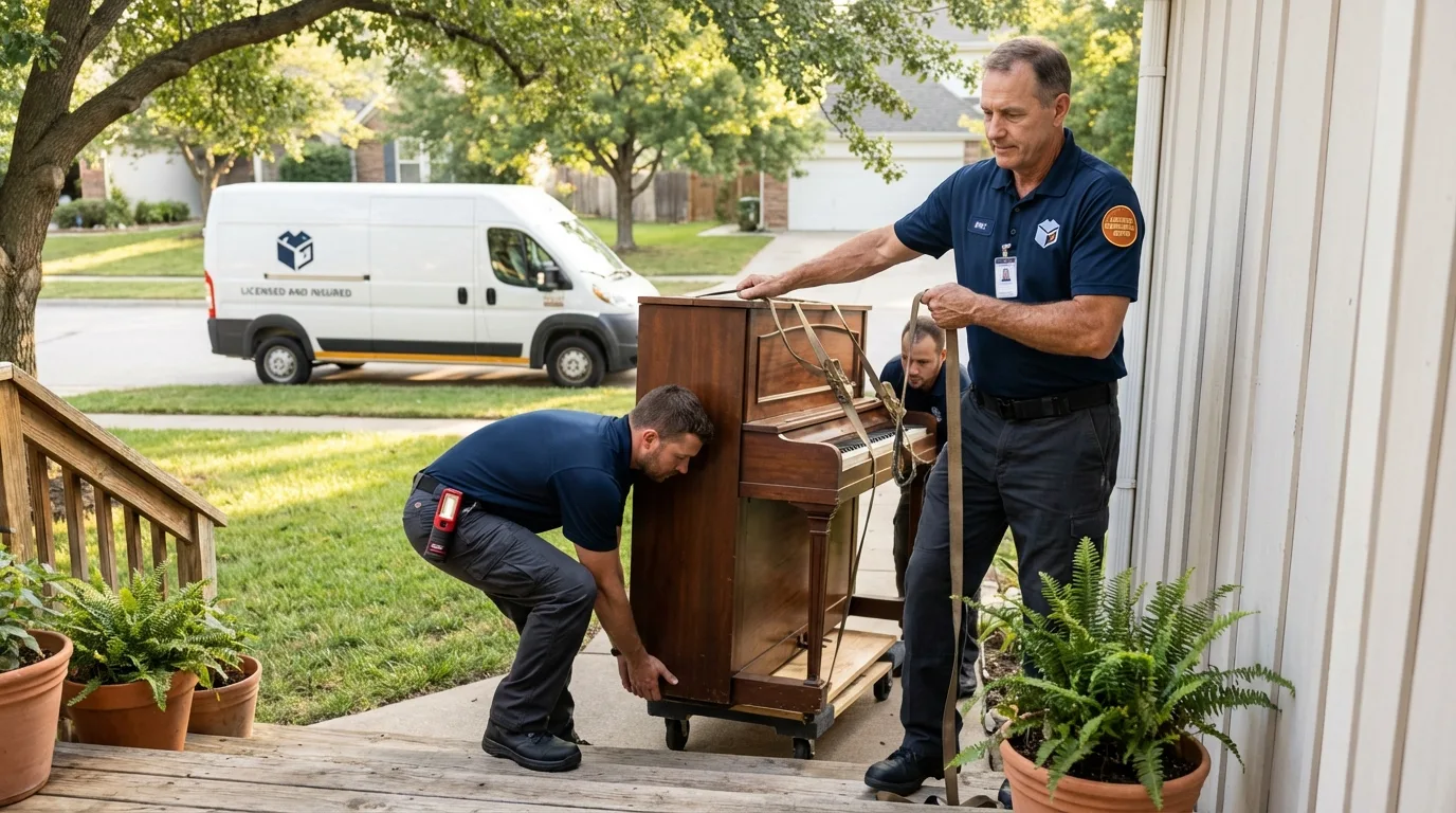 Licensed piano movers securing grand piano in Saint Peter, MN