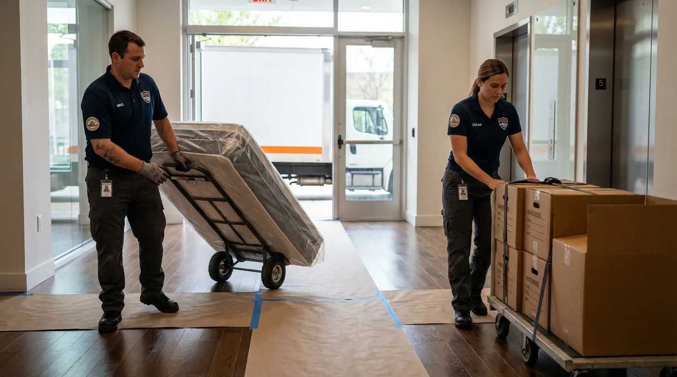 Professional apartment movers loading elevator in Saint Peter, MN
